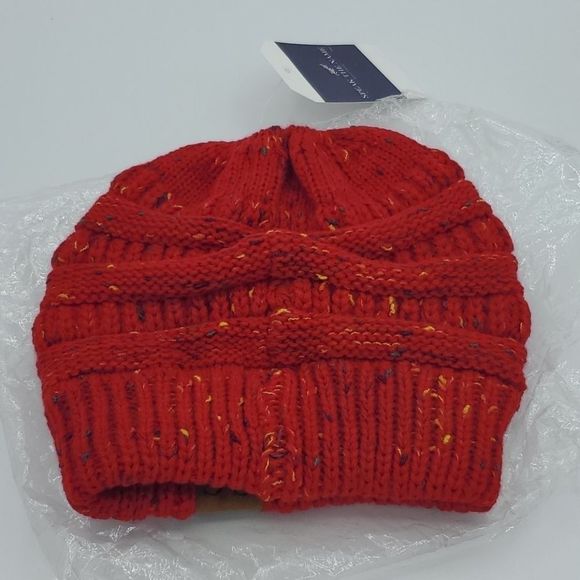 C.C Ponytail Red Confetti Beanie Hat NWT - Picture 2 of 5